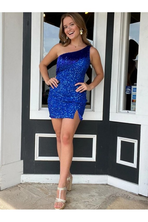 One Shoulder Sleeveless Short Velvet Sequin Royal Blue Homecoming Dress / Prom Dress Bristol