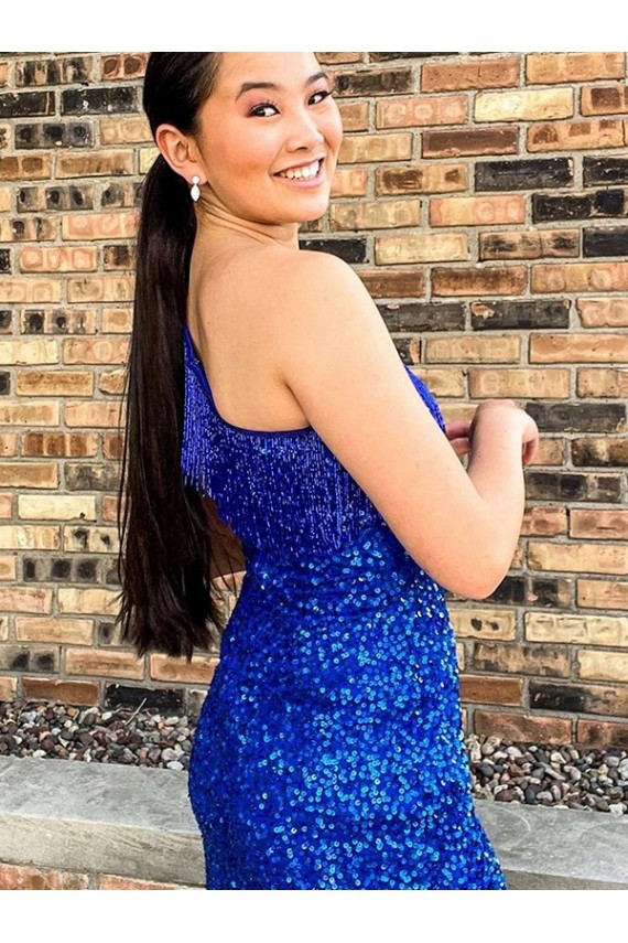 One Shoulder Sleeveless Short Velvet Sequin Royal Blue Homecoming Dress / Prom Dress Bristol