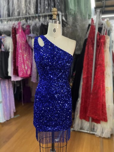 One Shoulder Keyhole Sleeveless Short Velvet Sequin Homecoming Dress / Prom Dress Bristol