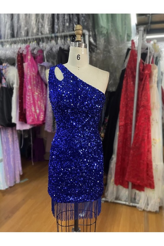 One Shoulder Keyhole Sleeveless Short Velvet Sequin Homecoming Dress / Prom Dress Bristol