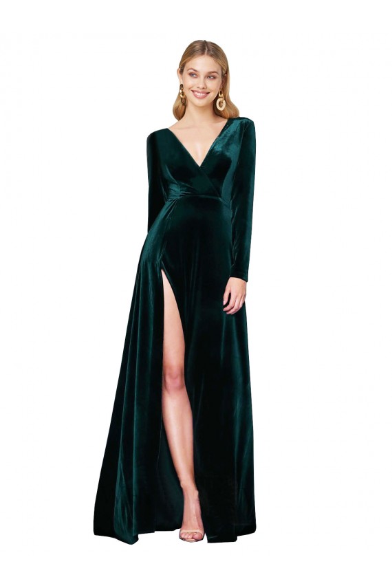 Deep V-Neck Long Sleeves Formal Velvet Bridesmaid Dress / Prom Dress with High Side Split Bristol