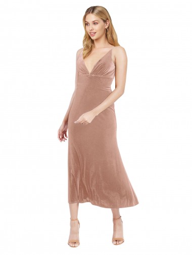 Midi Cocktail Length Short V-Neck Velvet Bridesmaid Dress / Prom Dress with Notched Neckline Bristol