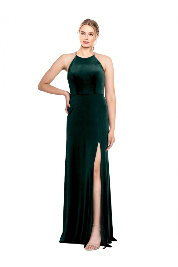 Long Jewel Neck Full Length Velvet Bridesmaid Dress / Prom Dress with Side Slit Bristol
