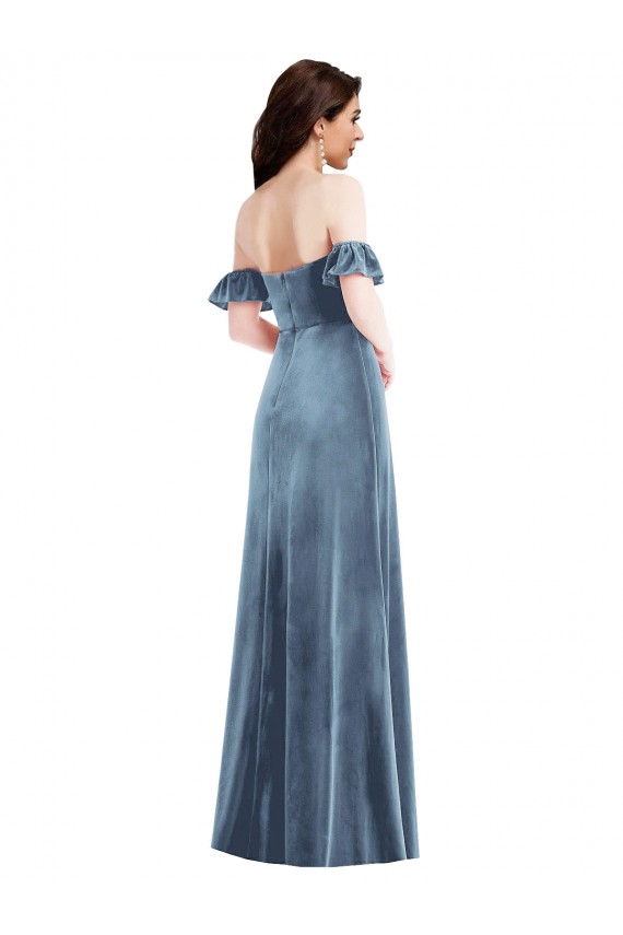 Ruffle Sleeve Off the Shoulder Velvet Maxi Bridesmaid Dress / Prom Dress Bristol