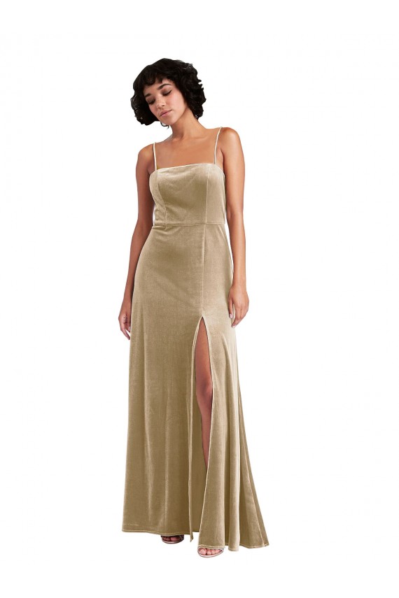 Square Neck Formal Velvet Maxi Bridesmaid Dress / Prom Dress with Front Slit Bristol