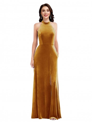 High-Neck Halter Velvet Maxi Bridesmaid Dress / Prom Dress with Front Slit Bristol