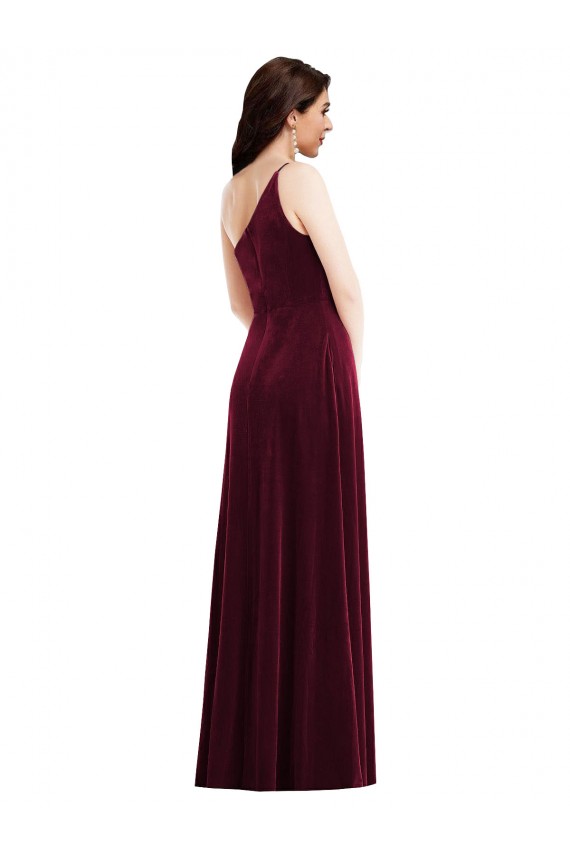 One Shoulder Spaghetti Strap Velvet Maxi Bridesmaid Dress / Prom Dress with Pockets Bristol