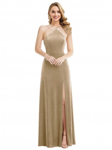 High Neck Halter Open Back Long Velvet Maxi Bridesmaid Dress / Prom Dress Bristol