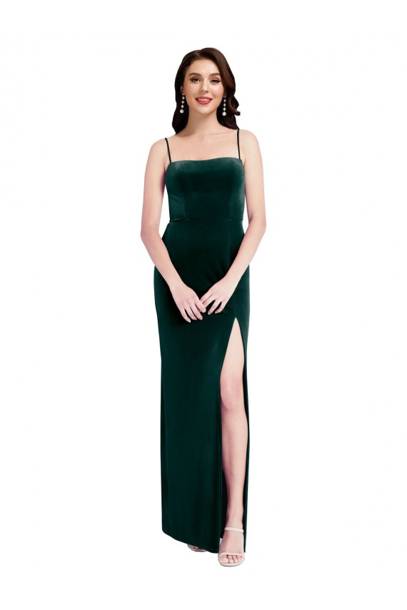 Straight Neckline Spaghetti Straps Long Velvet Bridesmaid Dress / Prom Dress with High Side Slit Bristol
