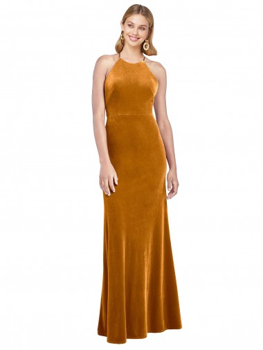 Halter Neckline Long Full Length Formal Velvet Bridesmaid Dress / Prom Dress with Strappy Back Bristol