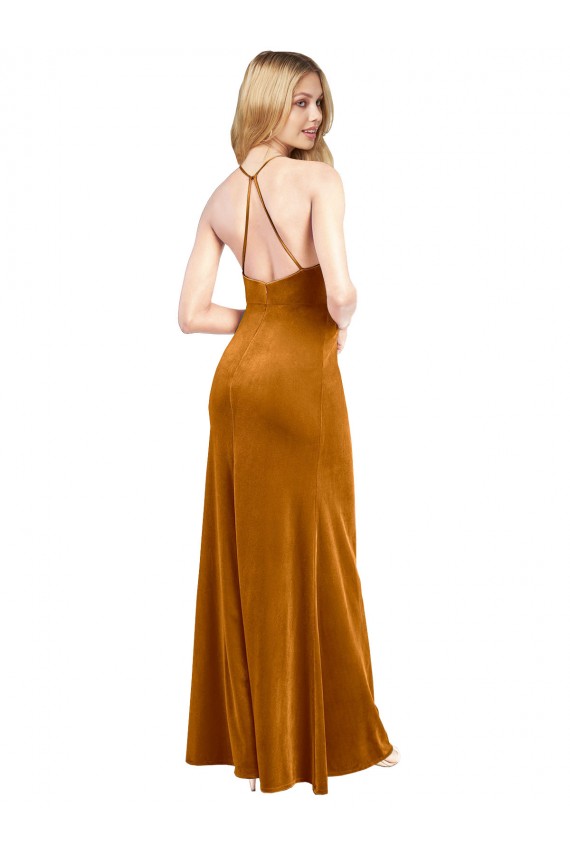 Halter Neckline Long Full Length Formal Velvet Bridesmaid Dress / Prom Dress with Strappy Back Bristol