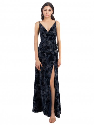 Floral Velvet Surplice V-Neck Long Bridesmaid Dress with V-Back Bristol