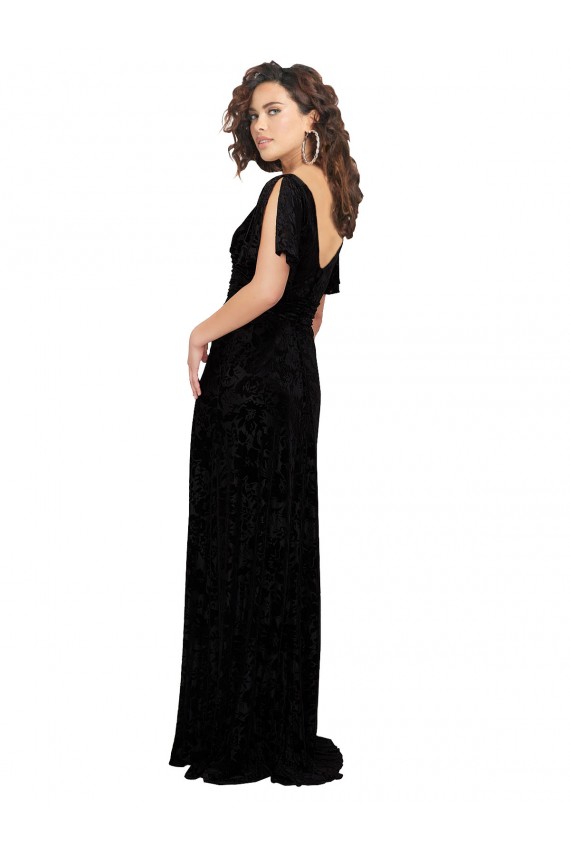 Split Sleeves V-Neck Floral Velvet Bridesmaid Dress with Front Slit Bristol
