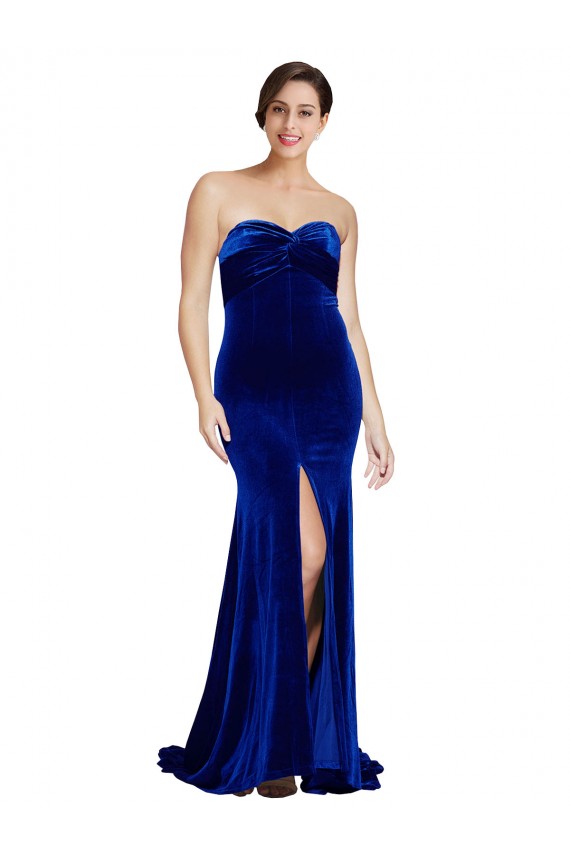 Strapless Ruched Formal Velvet Bridesmaid Dress / Prom Dress with Sweep Train and Front Slit Bristol