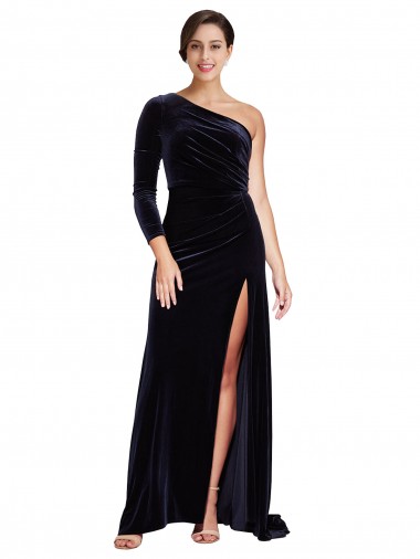 One Sleeve Long Formal Velvet Bridesmaid Dress / Prom Dress with Thigh High Split Bristol