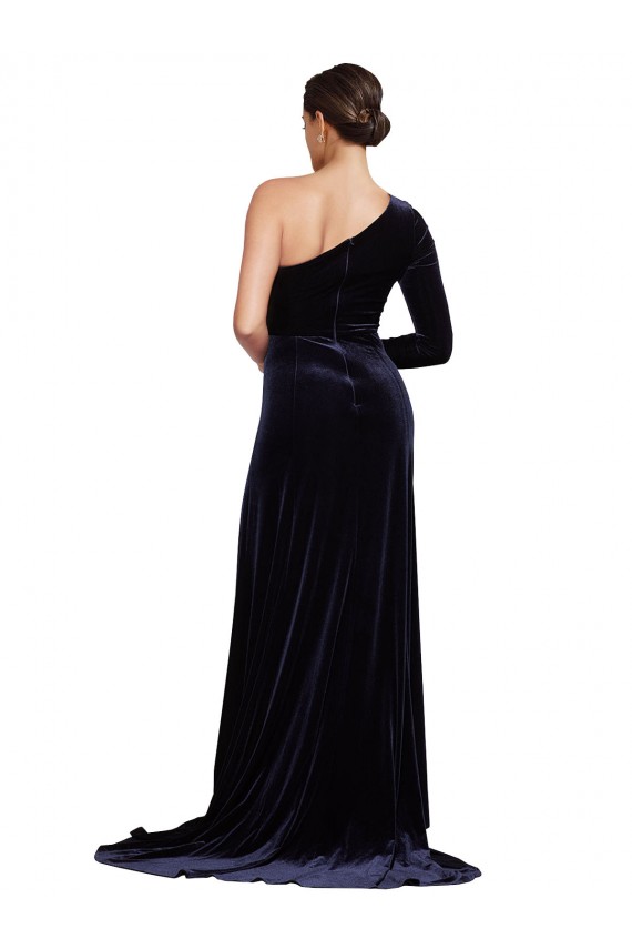 One Sleeve Long Formal Velvet Bridesmaid Dress / Prom Dress with Thigh High Split Bristol