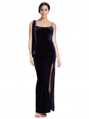 Long Formal Velvet Bridesmaid Dress / Prom Dress with Side Thigh Split and Shoulder Tie Bristol