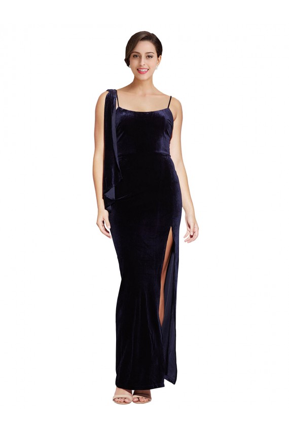 Long Formal Velvet Bridesmaid Dress / Prom Dress with Side Thigh Split and Shoulder Tie Bristol