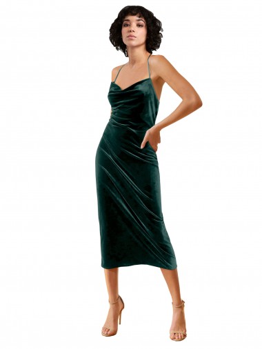 Midi Cocktail Length Sleek Cowl Neckline Short Formal Velvet Bridesmaid Dress / Prom Dress Bristol