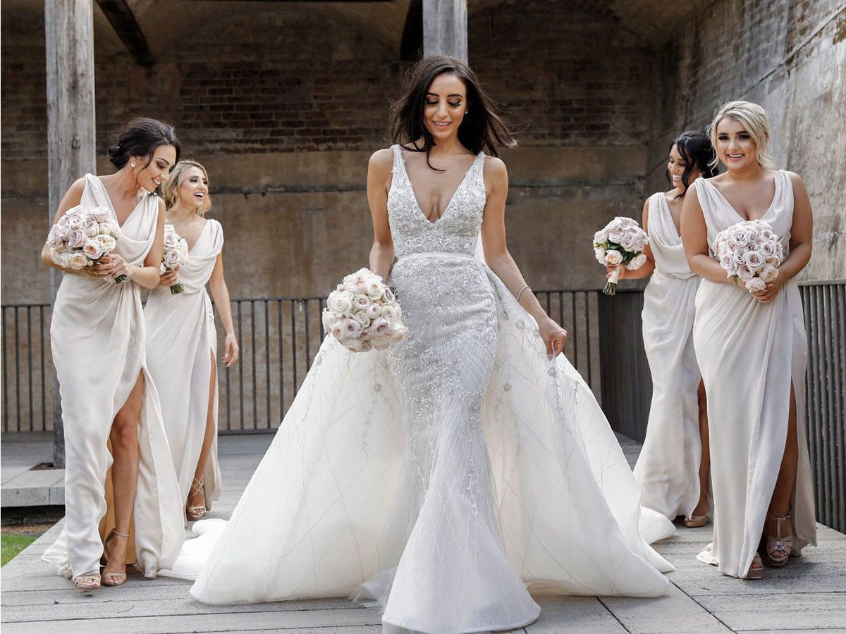 Full Length Luxe Chiffon Long Champagne bridesmaid dresses Bristol with Sexy High Slit and Front Ruffles